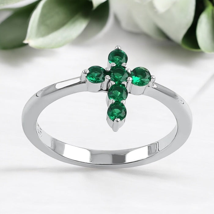 Emerald CZ Cross Ring